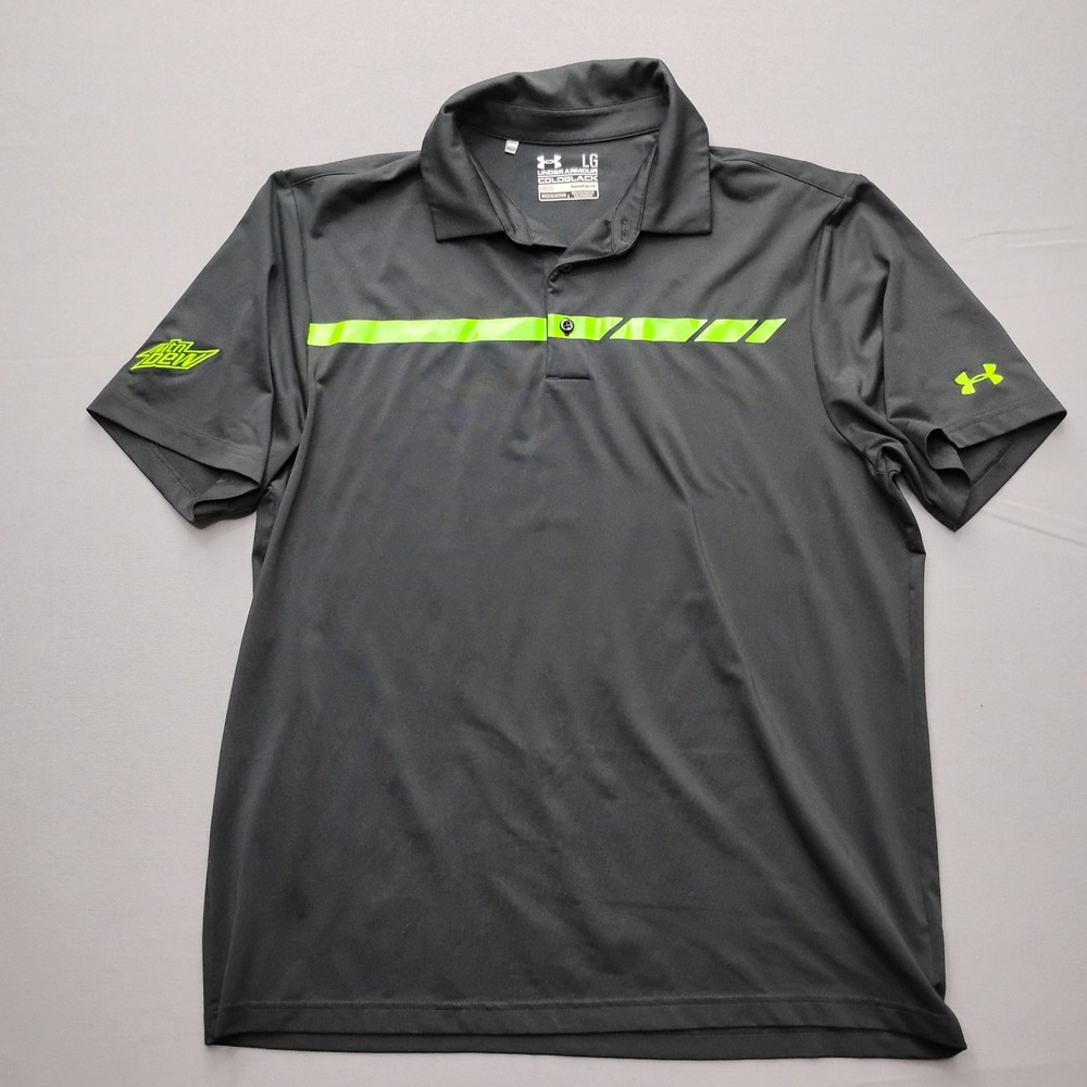 Under Armour Coldblack Mountain Dew Polo Shirt Mens Large Gray Neon Heatgear